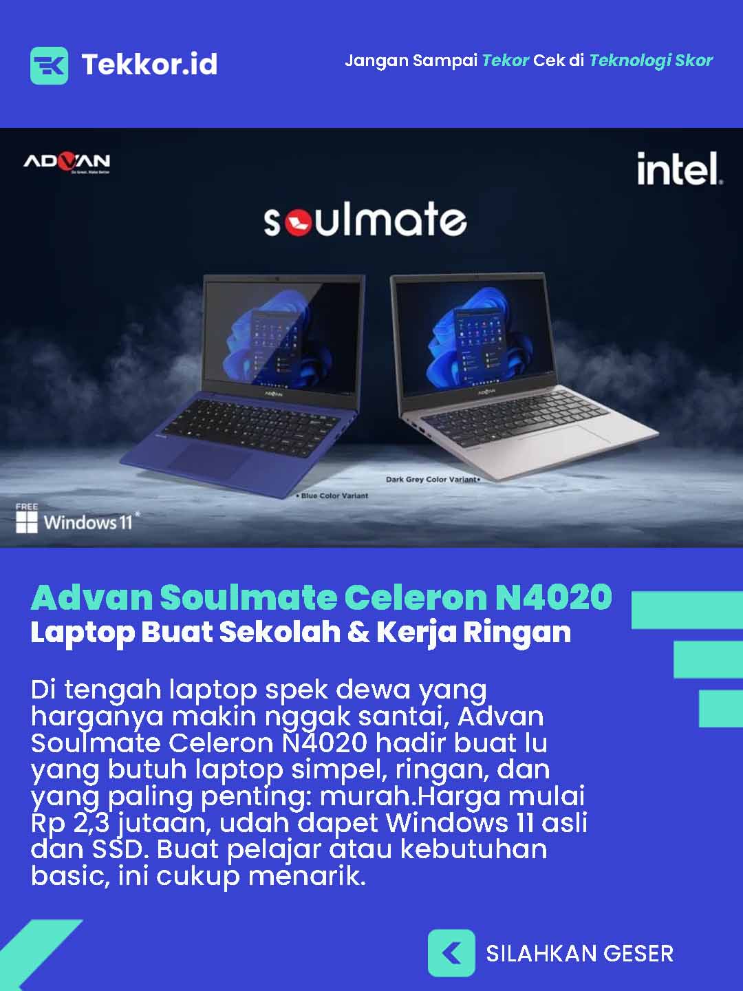 Advan Soulmate Celeron N4020, Solusi Laptop Budget 2026