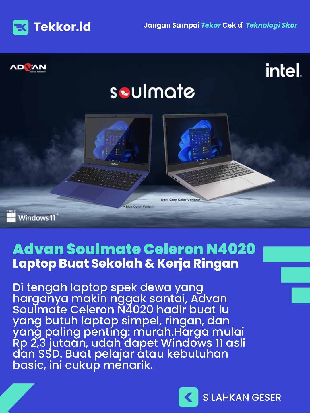 Advan Soulmate Celeron N4020, Solusi Laptop Budget 2026